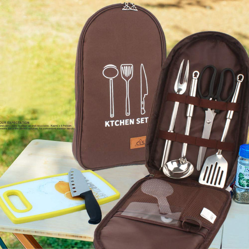 [Australia - AusPower] - NatSumeBasics Camping Travel Cooking Utensils Organizer Travel Bag Portable Pouch for BBQ Camp Cookware Kitchen Kit Only 1pc Brown Bag 