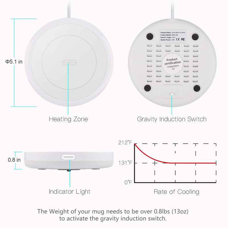 [Australia - AusPower] - BESTINNKITS Smart Coffee Set Auto On/Off Gravity-induction Mug Office Desk Use, Candle Wax Cup Warmer Heating Plate (Up To 131F/55C), 14oz (White Set) White Set 