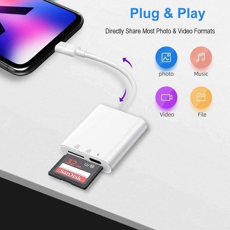 [Australia - AusPower] - Sd Card Reader for iPhone iPad 3 in 1 Memory Card Reader Plug and Play Micro SD Card Reader SD Card Adapter Portable Trail Camera Viewer Simultaneous Charging and Card Reading, White, Small 
