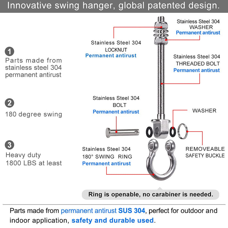 [Australia - AusPower] - BeneLabel Set of 2 Permanent Antirust Stainless Steel 304 Heavy Duty Swing Hangers, 1800LB Capacity, Wood Beam & I-Beam Hanger, Yoga Hammock Chair Sandbag, Hardware Swing Sets, 180° Swing, 8.25" 8.25" 