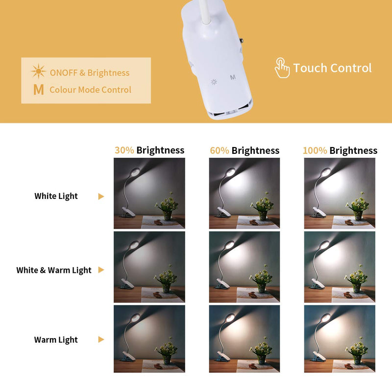 [Australia - AusPower] - LED Reading Light, LACOKI 28 LEDs USB Rechargeable Reading Lamp, 3 Color x 3 Brightness Clip On Light with Safety Switch, Eye Protection Book Light for Reading in Bed, Touch Control Clip Desk Lamp 