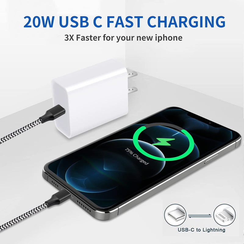 [Australia - AusPower] - iPhone Charger Fast Charging with 6 Ft iPhone Charger Cord,20W USB C Wall Charger Fast iPhone Charger Block Adapter Compatible with iPhone 13/12/11/11 Pro Max/XS/XR/X/8/7/6 Plus/iPad (2-Pack) Black,white 