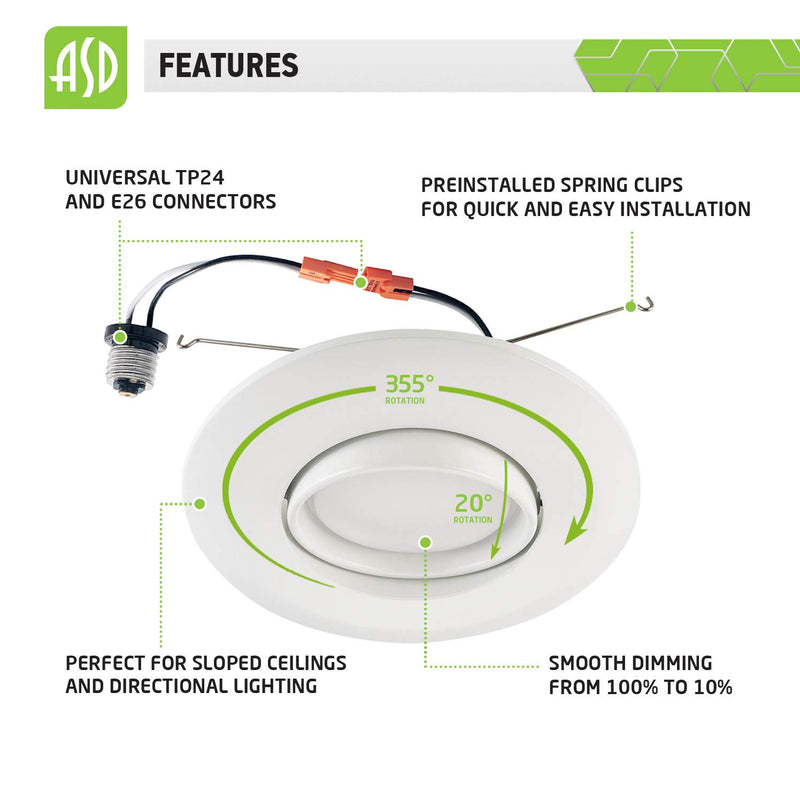 [Australia - AusPower] - ASD LED Recessed Lighting Gimbal 6 Inch - Dimmable - Directional Ceiling Downlight 15W=60W, 1010 Lm, 3000K, CRI 90+ Retrofit Can Light, ETL & Energy Star 3000k (Warm White) 1 Pack 
