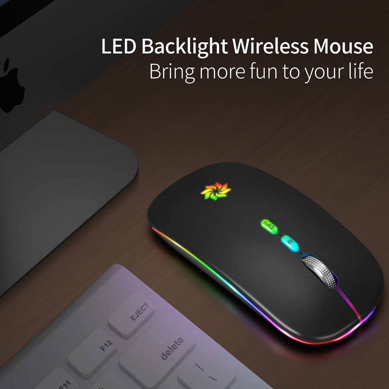 [Australia - AusPower] - LED Wireless Mouse Slim Silent Mouse 2.4G Rechargeable Wireless Computer Mouse Wireless Mouse for Laptop, MacBook, iPad, Chromebook, with USB & Type-c Receiver Black with LED Backlit 