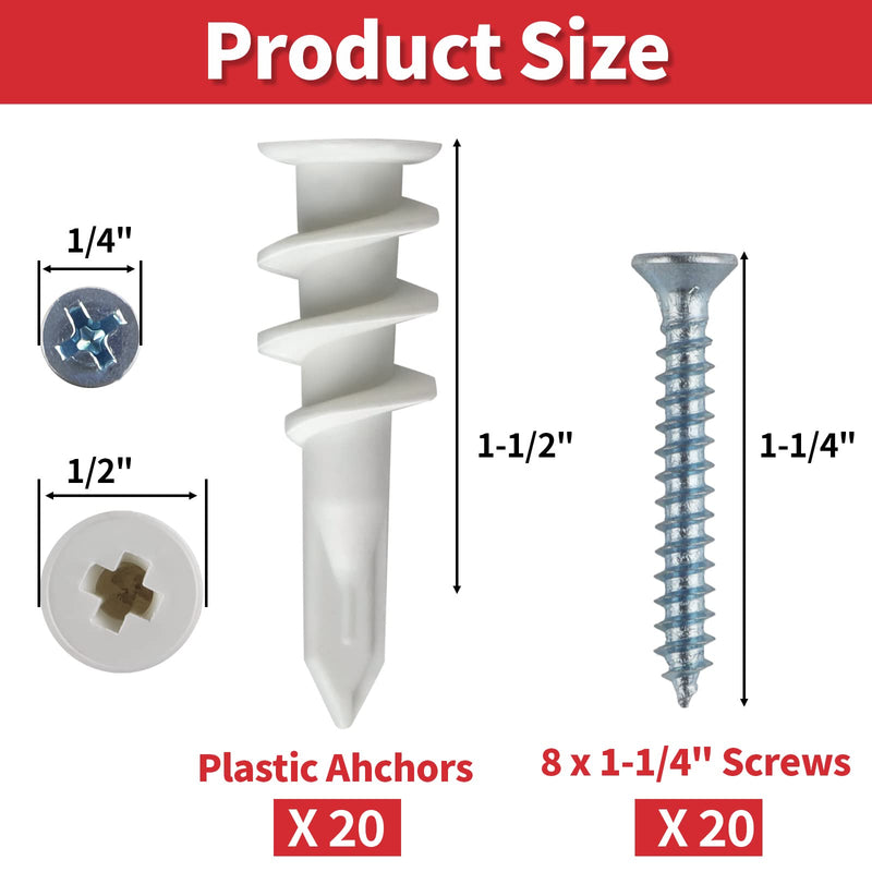 [Australia - AusPower] - #8 Drywall Anchors, 40Pcs Wall Anchors and Screws for Drywall, Plastic Self Drilling Drywall Anchors, 20 Self-Tapping/Threaded Sheetrock Anchors + 20#8 x 1-1/4'' Screws, 50LB Hanging and Mounting 