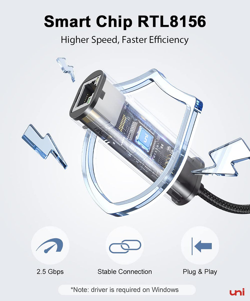 [Australia - AusPower] - uni USB-C to Ethernet Adapter 2.5 Gigabit, Blazing Fast Network Adapter 2.5G (Thunderbolt 4/3 Compatible), Sturdy Aluminum USB 4 to RJ45 Adapter, for MacBook Pro/Air, Laptops, PC, and More 