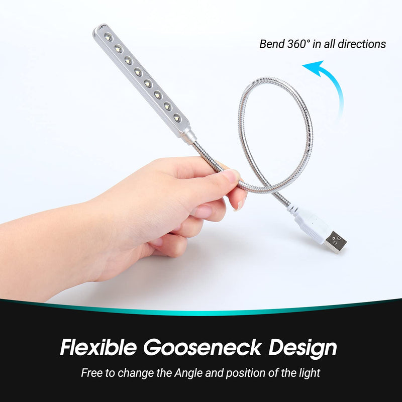 [Australia - AusPower] - USB LED Light - 8 Super Bright LED Reading Lamp - No Batteries Needed - PC & Mac Compatible (ULT05 Silver) 