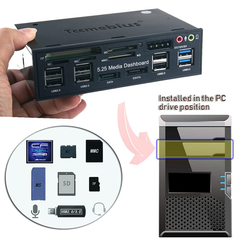 [Australia - AusPower] - Tccmebius TCC-QL5E 5.25 Inch PC Multifunction Dashboard Media Front Panel, with SATA e-SATA Dual USB 3.0 6 Port USB 2.0 Audio Ports and Five-in-one Card Reader 