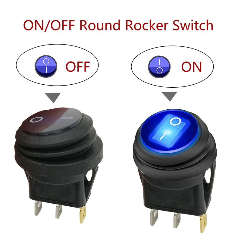 [Australia - AusPower] - 12 Volt Round Rocker Switch, [5Pcs] Waterproof 12V Toggle Switch with 20cm Detachable Wires and Hot Melt Intermediate Terminals, SPST 3 Pin On Off Switch with Blue LED Light for Car Boat Marine RV 