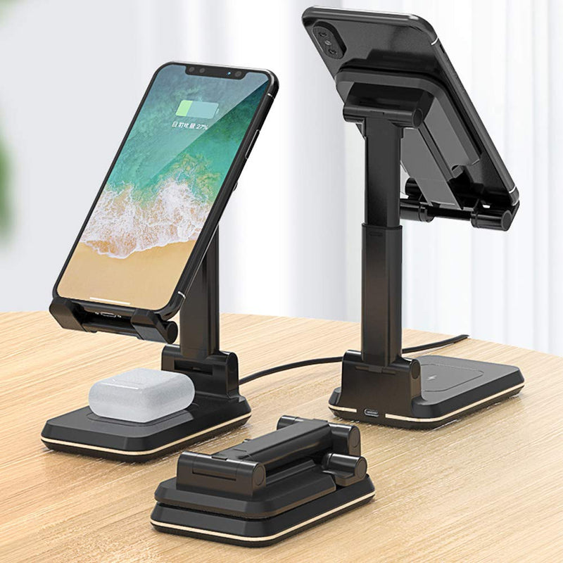 [Australia - AusPower] - Wireless Charging Phone Stand,Foldable Desktop Cell Phone Tablet Stand,10W Max Qi-Enabled Wireless Charging Multi-Angle Adjustable Metal Phone Holder for iPhone 11/ES/MAX/XS/XR/X/8,AirPods/Pro 