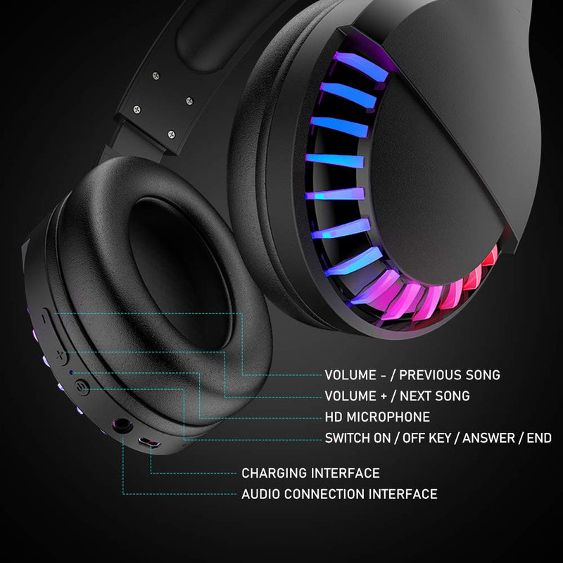 [Australia - AusPower] - Wireless Bluetooth Headphone with Noise Cancellation HiFi Stereo Sound Mic Deep Bass Protein Earpad Rainbow RGB Backlight Rechageable Over Ear Headset for PC Mac Game Travel Class Home Office(Black) Black 
