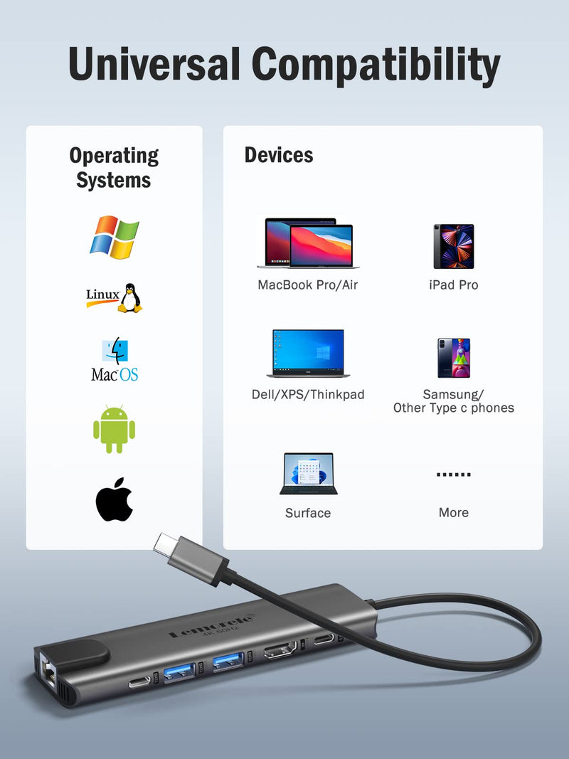 [Australia - AusPower] - Lemorele USB C Hub 4K 60Hz, 6 in 1 USB C Multiport Adapter w/4K HDMI, 2 USB-A 3.0, Gigabit Ethernet, 100W PD, USB C 3.0 5Gbps Data Port for MacBook Pro/Air M1 2020, iPad Pro 2021 /Mini 6, Surface Pro 