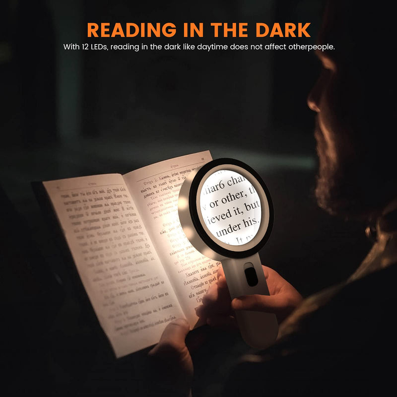 [Australia - AusPower] - AIXPI Magnifying Glass with Light, 30X Handheld Large Magnifying Glass 12 LED Illuminated Lighted Magnifier for Macular Degeneration Seniors Reading Inspection Coins Jewelry 