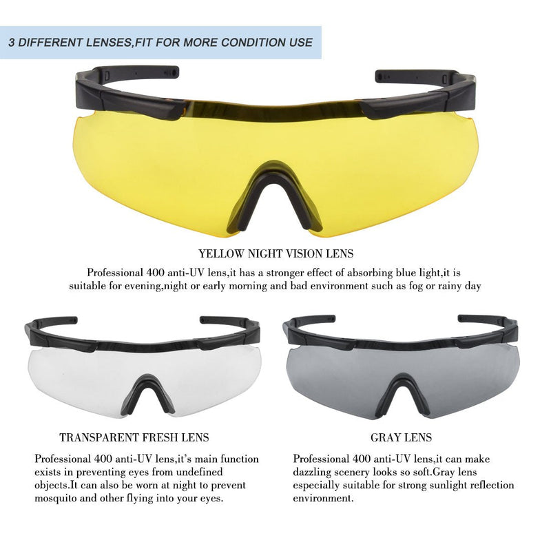 [Australia - AusPower] - Xaegistac Tactical Eyewear 3 Interchangeable Lenses Outdoor Unisex Shooting Glasses Black Frame 