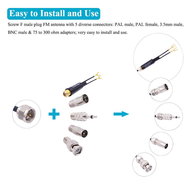 [Australia - AusPower] - Fancasee Universal FM Antenna Magnetic Base 75 Ohm Screw F Male Plug with PAL BNC 3.5mm & 75 to 300 Ohm Connector Adapter Coax Coaxial Cable FM Radio Antenna for Home AV Stereo Receiver Indoor Outdoor 