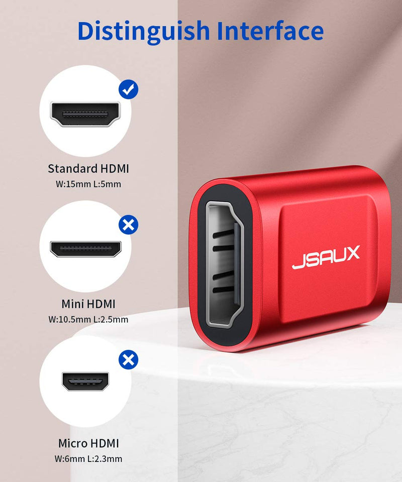 [Australia - AusPower] - HDMI Coupler Female to Female 2 Pack, JSAUX 4K HDR HDMI Extension Connector Adapter Aluminum Alloy for HDTV, Roku Stick, Computer, PC, Monitor, Laptop, Projector, DVD Player, PS 4/3(Red) red 