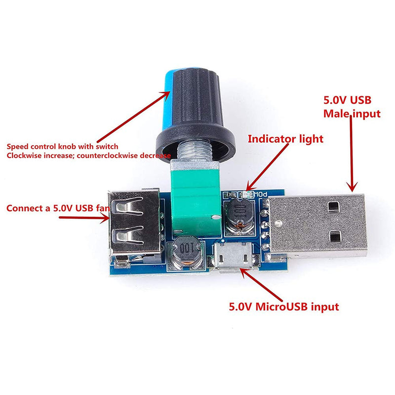 [Australia - AusPower] - USB Fan Speed Controller, DC 5V Stepless Mini USB Fan Governor DC 4-12V to 2.5-8V 5W Regulator Speed Control Knob with Switch(3PCS) 