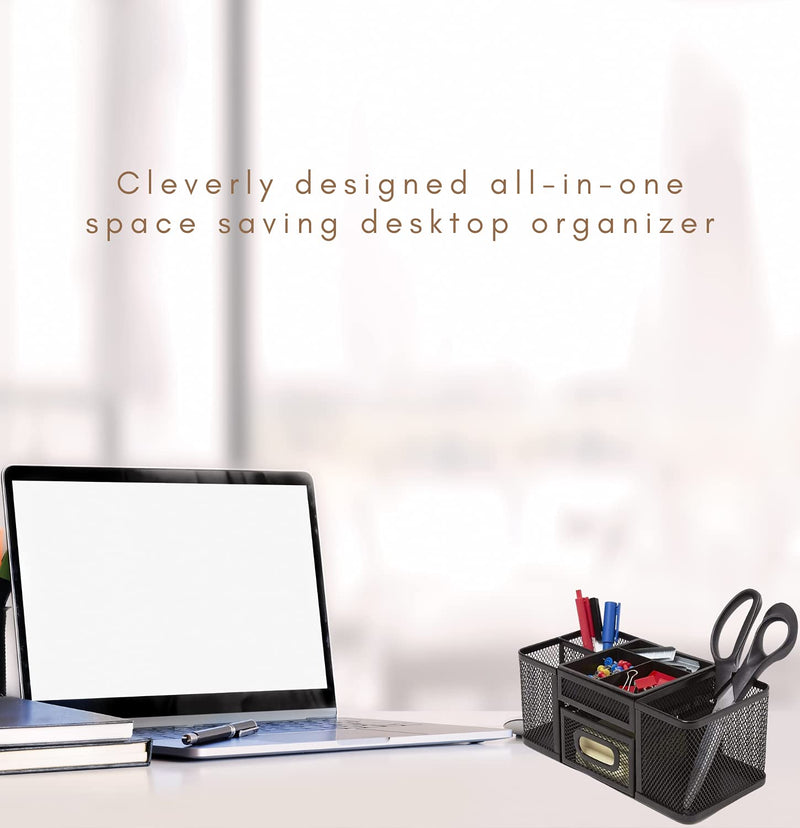 [Australia - AusPower] - 1InTheOffice Desk Supplies Organizer, Desk Caddy 7-Compartment Wire Mesh Accessory Holder, Matte Black 