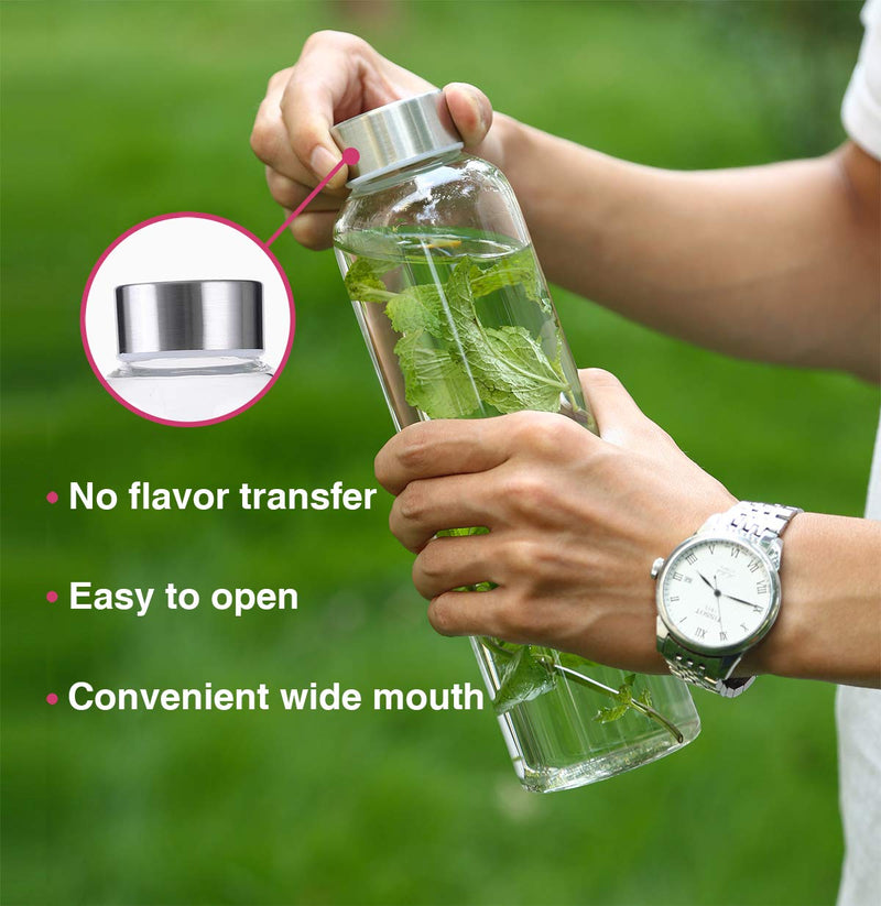 [Australia - AusPower] - Emica 6 Pack 18oz/550ml Glass Water Bottles with Stainless Steel Lid, Drinking Bottles with Caps Outdoor, 100% Borosilicate Glass, Perfect for Homemade Beverage/ Smoothies/ Bubble Tea/ Fruit Juice 