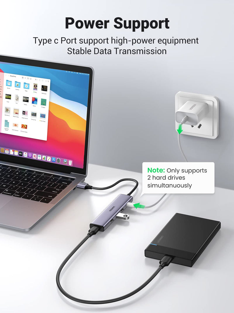 [Australia - AusPower] - UGREEN USB Hub, Aluminum 4-Port USB 3.0 Hub with Powered Support Output for High Power Equipment, USB Port Splitter for Laptop,iMac, MacBook, Surface Pro, Dell, PS4, Flash Drive, Mobile HDD 