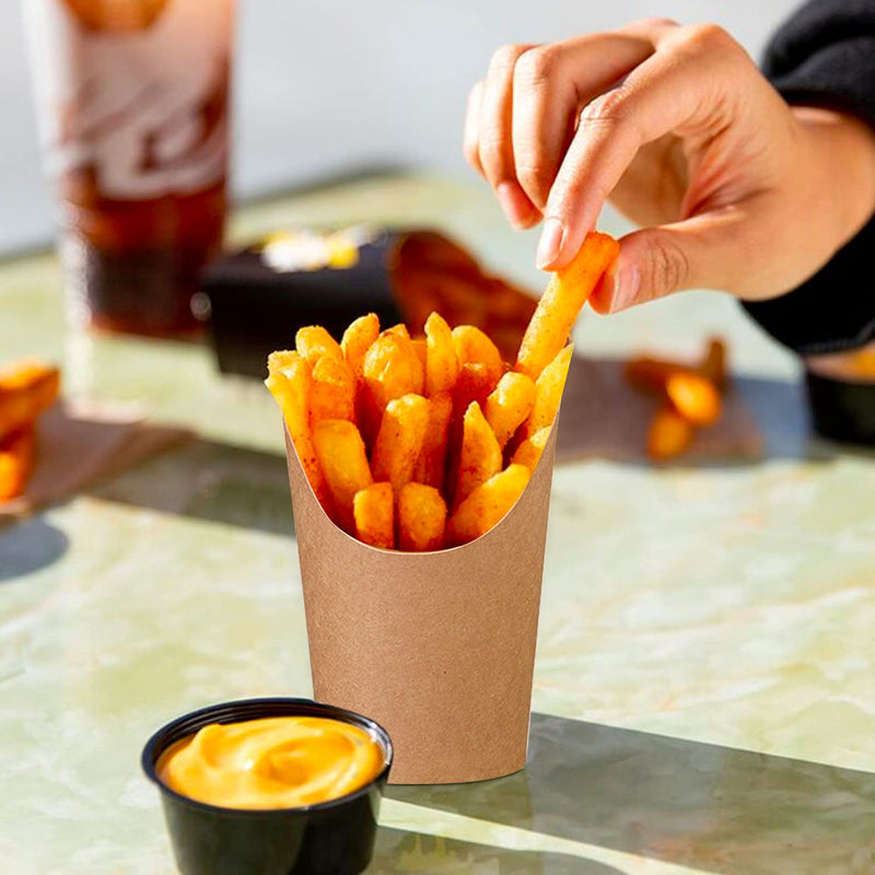 [Australia - AusPower] - 50 Pcs French Fries Holder Cups, Disposable Take-Out Food Containers Kraft Paper Ice Cream Cups Frozen Cakes Egg Puff Waffle Popcorn Boxes Sandwich Holder Wedding Party Food Trays Paper Cones (12oz) 12oz 