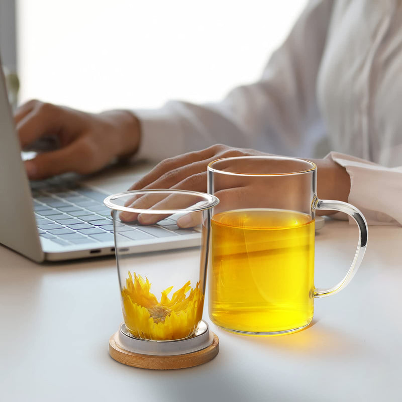 [Australia - AusPower] - Lezero Glass Tea Infuser Cups with Removable Strainer and Bamboo Lid, Borosilicate Glass Tea Mugs for Blooming Tea & Loose Leaf Tea, Microwave & Dishwasher Safe, LEAD-FREE, 15oz/450ml 