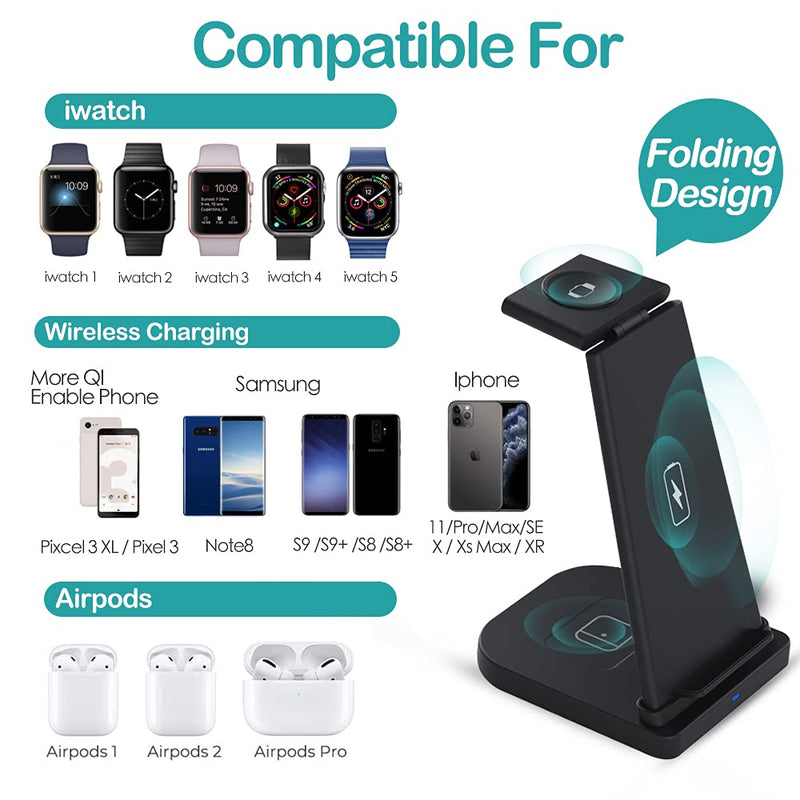 [Australia - AusPower] - Detachable Wireless Charging Stand Station Dock 3 in 1 Qi-Certified Fast iPhone Pro Charger Compitable for Apple Watch, iPhone 12/11 /XR/XS/X/8,Samsung S20/S10/S9 Galaxy, Airpods 2/Pro (Black) Black 