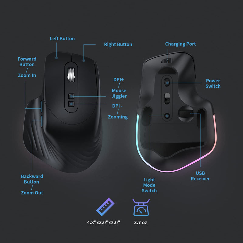 [Australia - AusPower] - CIDOO Ergonomic Wireless Mouse RGB Backlit, Jiggler Mouse with Zoom Mode, Undetectable Automatic Mouse Mover, Rechargeable Cordless USB Magnifier Mouse for Laptop, Desktop, MacBook (Black) Ergo Black 