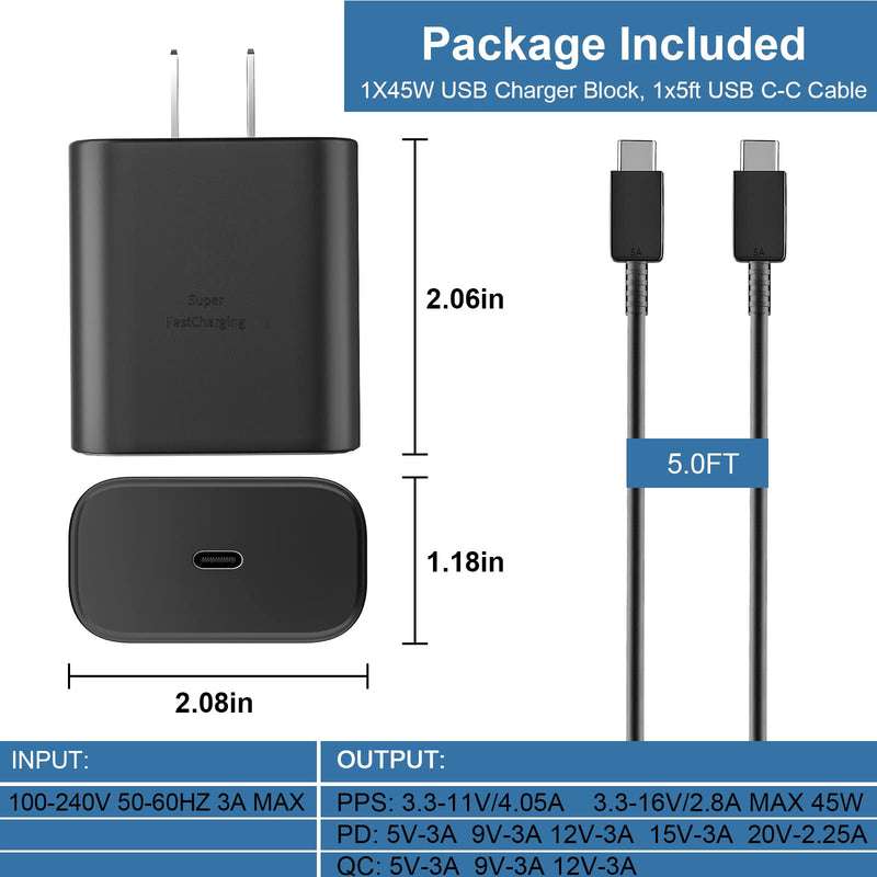 [Australia - AusPower] - 45W USB-C Super Fast Charging Wall Charger for Samsung Galaxy S22 Ultra/S22+/S22/S21 S20 Plus Ultra, Note 10+ 5G/Note 20, Tab S8/S8+/S8 Ultra/S7, PD 3.0 PPS Type C Charger Adapter with 5ft Cable black 