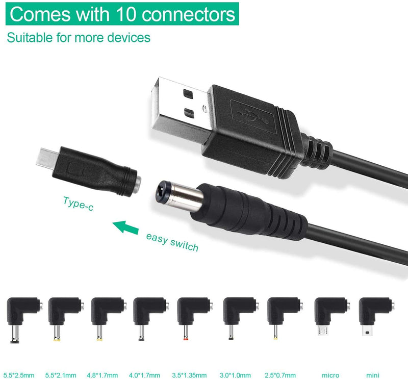 [Australia - AusPower] - Universal USB to DC 5.5x2.1mm Plug Power Charging Cable with 10 Connectors for Router, Mini Fan, Speaker, Camera, Smart Phone and More Electronics Devices(5FT, DC10+1) 