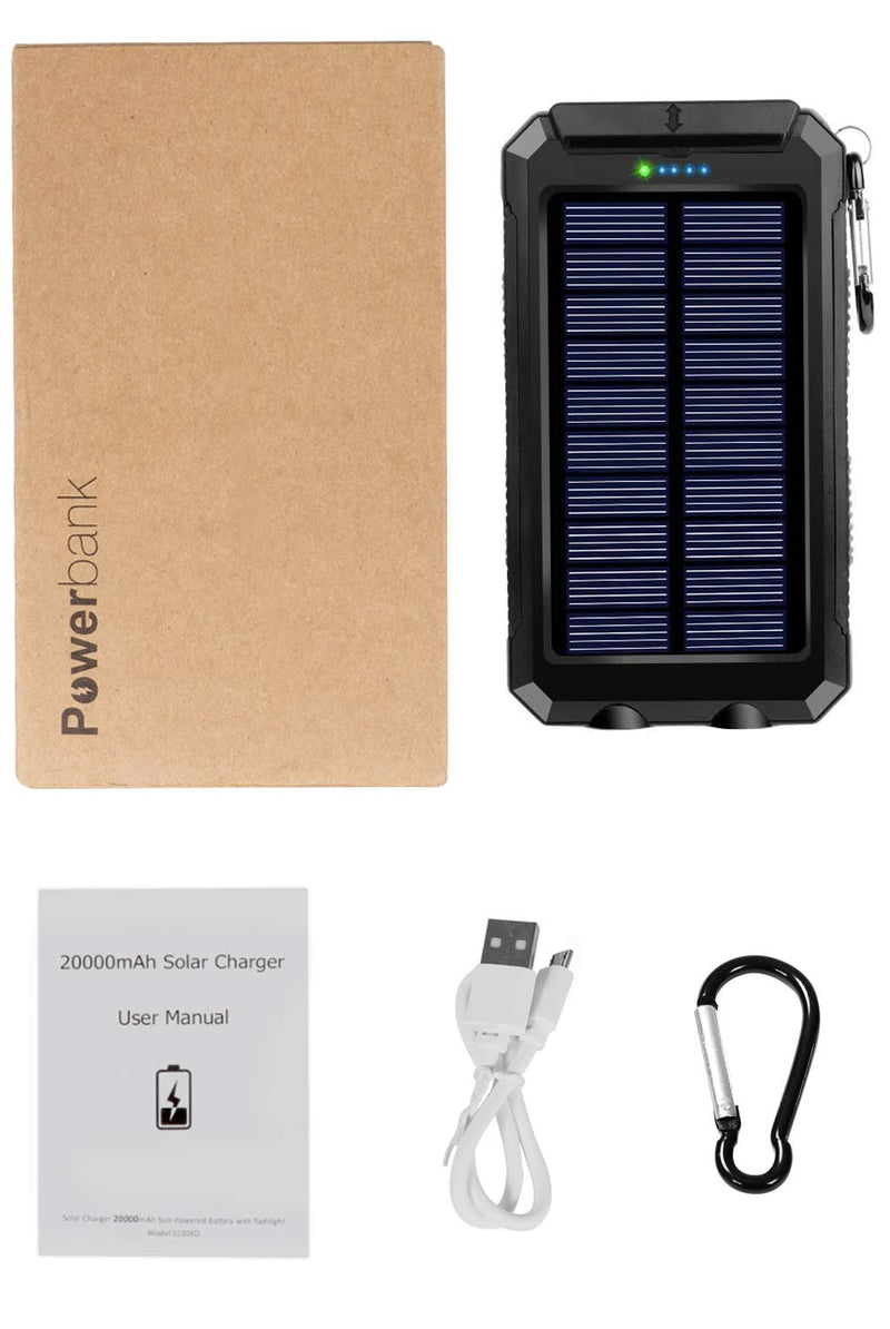 [Australia - AusPower] - Solar Charger 20000mAh Portable Solar Power Bank Waterproof External Backup Battery Power Pack Charger with 2 USB/LED Flashlights Compatible with iPhone, Tablet, Android, Suitable for Outdoor Camping Black 