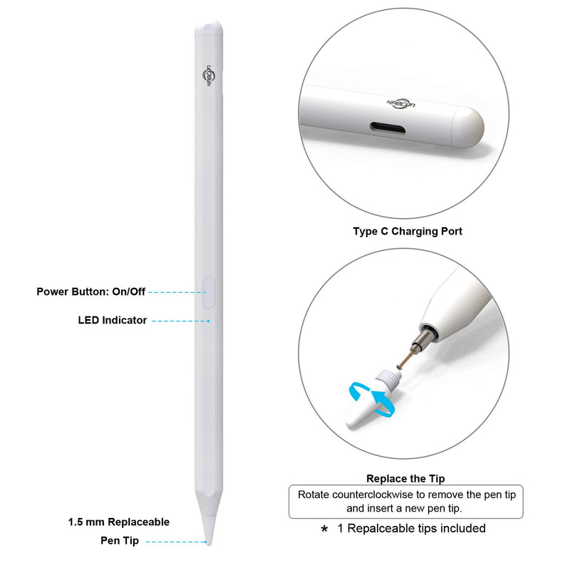 [Australia - AusPower] - Stylus Pen Compatible with Apple iPad (2018-2020), iPad Pencil with Tilt, Palm Rejection, Magnetic, for iPad 6th/7th Gen, iPad Mini 5th Gen, iPad Pro (11/12.9") 3rd Gen, iPad Air (10.5") 3rd Gen White 