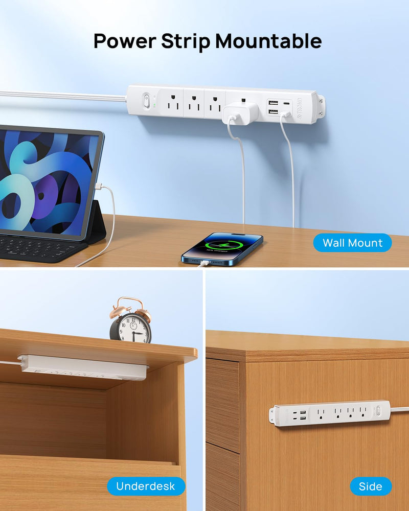 [Australia - AusPower] - TROND Flat Plug Power Strip USB-5ft Flat Extension Cord Surge Protector Wall Mount, 2 Type C Charger & 2 USB A Ports with Multiple Outlets, 1440J, 1625W for Office Supplies Dorm Room Essentials, White 5Ft - 2 USB C 