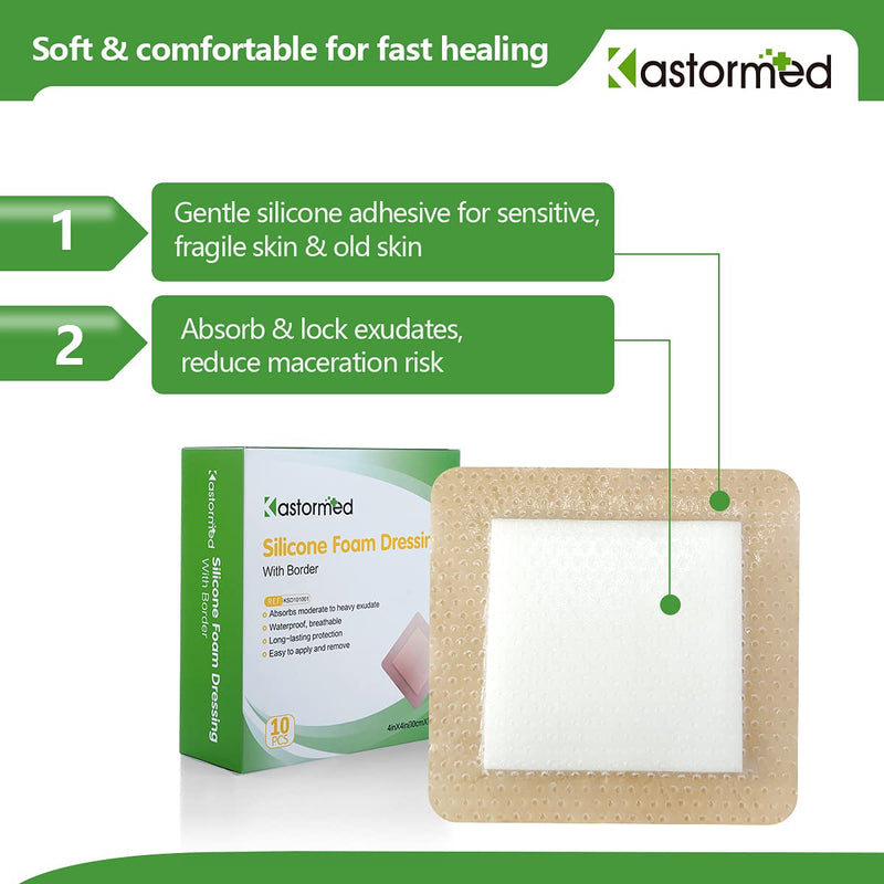 [Australia - AusPower] - Silicone Adhesive Foam Dressing with Gentle Border 4''x4'' 10 Pack, High Absorbency Foam Wound Bandage for Bed Sore, Leg Ulcer, Diabetic Ulcer 4'' x 4'' - 10 Pack 