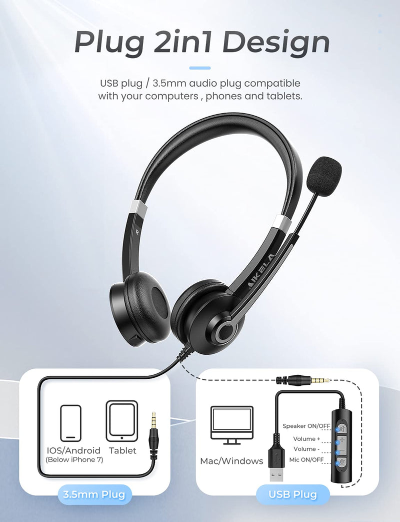 [Australia - AusPower] - USB Headset with Microphone Noise Cancelling, AIKELA in-line 3.5mm Wired Computer Headset with Mute Function Plug and Play Adjustable Mic, Business PC Headset for PC & Mac, Skype Call Center Office 