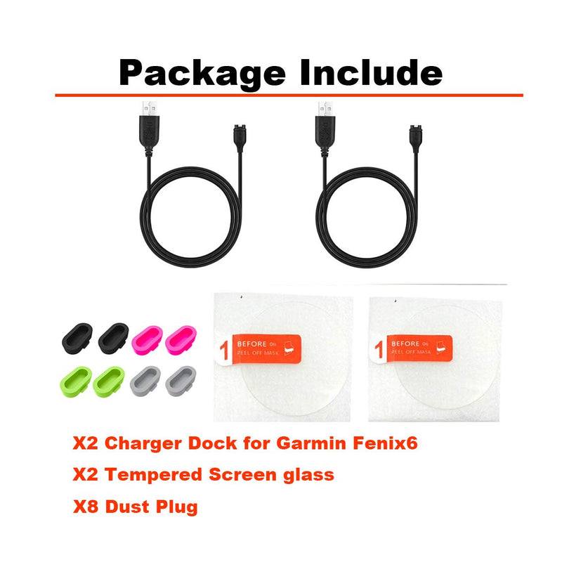 [Australia - AusPower] - 2Pack for Garmin Fenix 6/6 Pro/ 6 Sapphire/6 Solar Charging Sync Data Cable and 2Pcs Free HD Tempered Glass Screen Protector and 8pcs Color Charger Port Protector for Smart Watch 