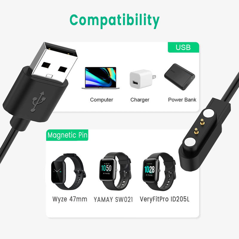 [Australia - AusPower] - Charger Cable Replacement for Wyze Watch 44mm 47mm, YAMAY SW021, ID205L Smart Watch, Magnetic Charging Cord 3.3ft 2-Pack 
