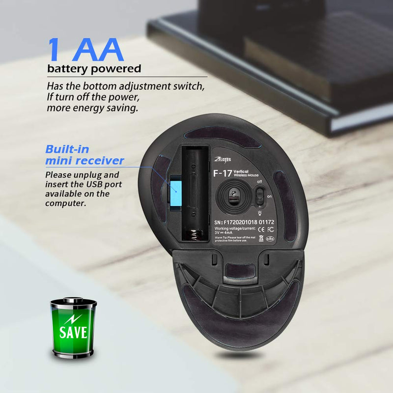[Australia - AusPower] - Zelotes Vertical Ergonomic Mouse, Wireless Mouse, 2400DPI, 6 Buttons Optical Mouse Cordless Mice for Laptop,Computer,PC,Black 