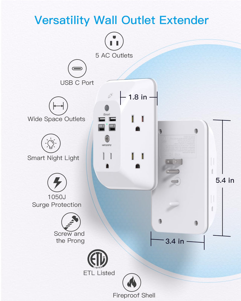 [Australia - AusPower] - Multi Plug Outlet, Outlet Extender with 4 USB Ports (2 USB C) and Night Light, 1050J Surge Protector, Wall Mount, Outlet Splitter for Bathroom Kicthen Camper Dorm Room Essentials 5 AC +2 USB A +2 USB C & Light 