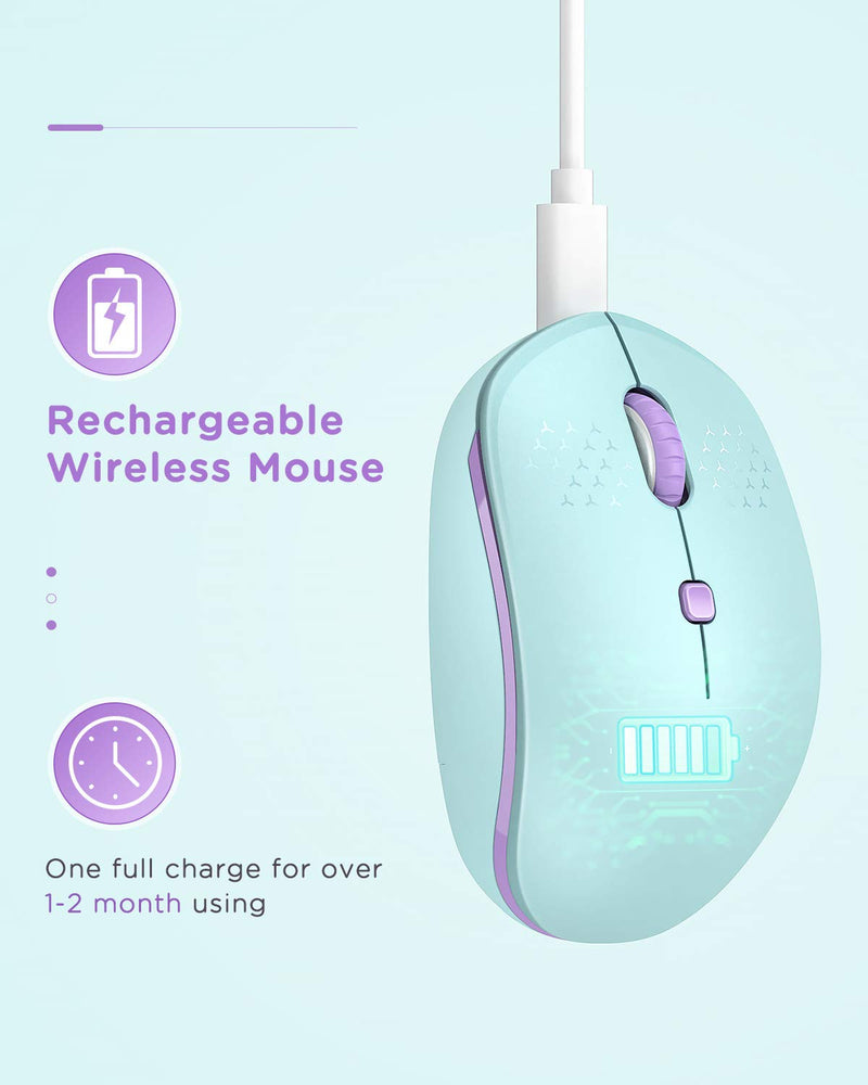 [Australia - AusPower] - Wireless Mouse - seenda Type C Mouse Cordless with USB and USB C 2 in 1 Receiver Rechargeable Mouse for Kids Compatible with MacBook, iPad Pro, Windows Computer, Laptop, PC - Mint Green Green Mouse 