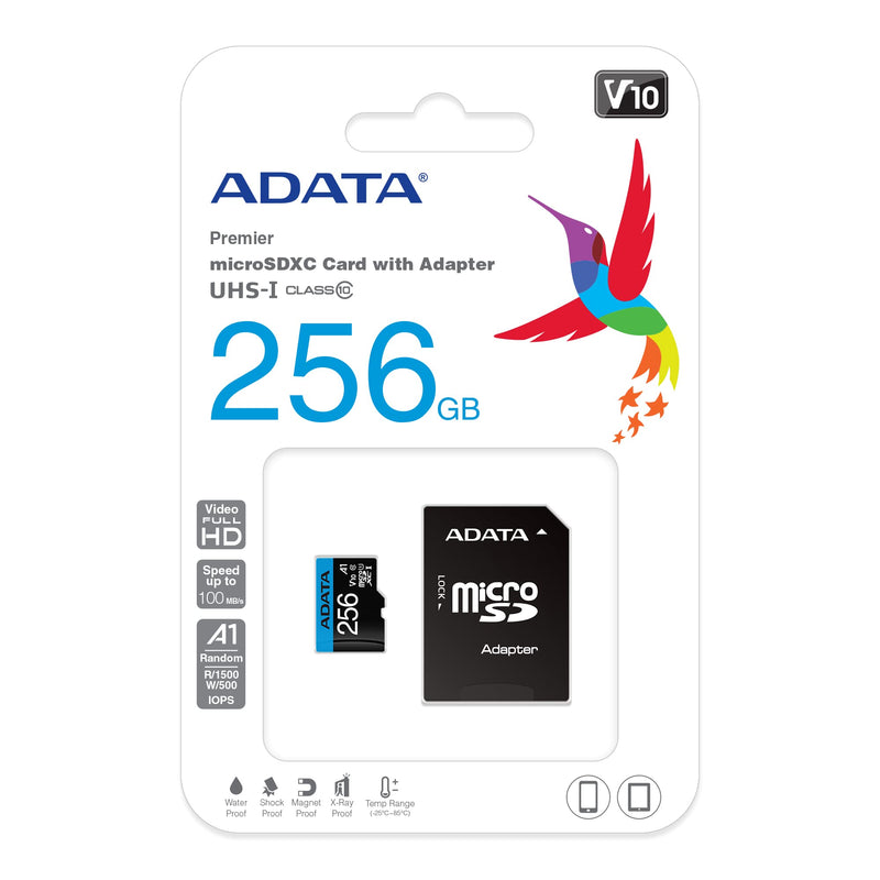 [Australia - AusPower] - ADATA Premier 256GB MicroSDHC/SDXC UHS-I Class 10 V10 A1 Memory Card with Adapter Read up to 100 MB/s (AUSDX256GUICL10A1-RA1) 