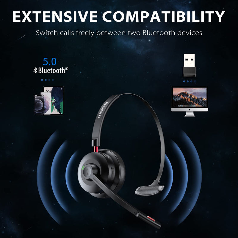 [Australia - AusPower] - Wireless Headset with Microphone, Tribit Bluetooth 5.0 Cell Phone Headphone Qualcomm QCC3020, AI Noise Canceling & CVC 8.0 for Home Office, Mute Button 50H Talk time, USB-A Dongle for PC, CallElite81 BLACK Standard 