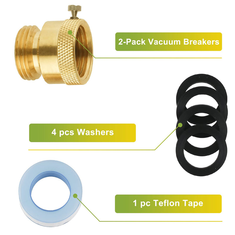 [Australia - AusPower] - SUNGATOR 2-Pack Vacuum Breaker Set, 3/4 Inch Anti-Siphon Hose Bib Valve for Garden Spigot, RV, Solid Brass Anti-Backflow Valve with Tape 