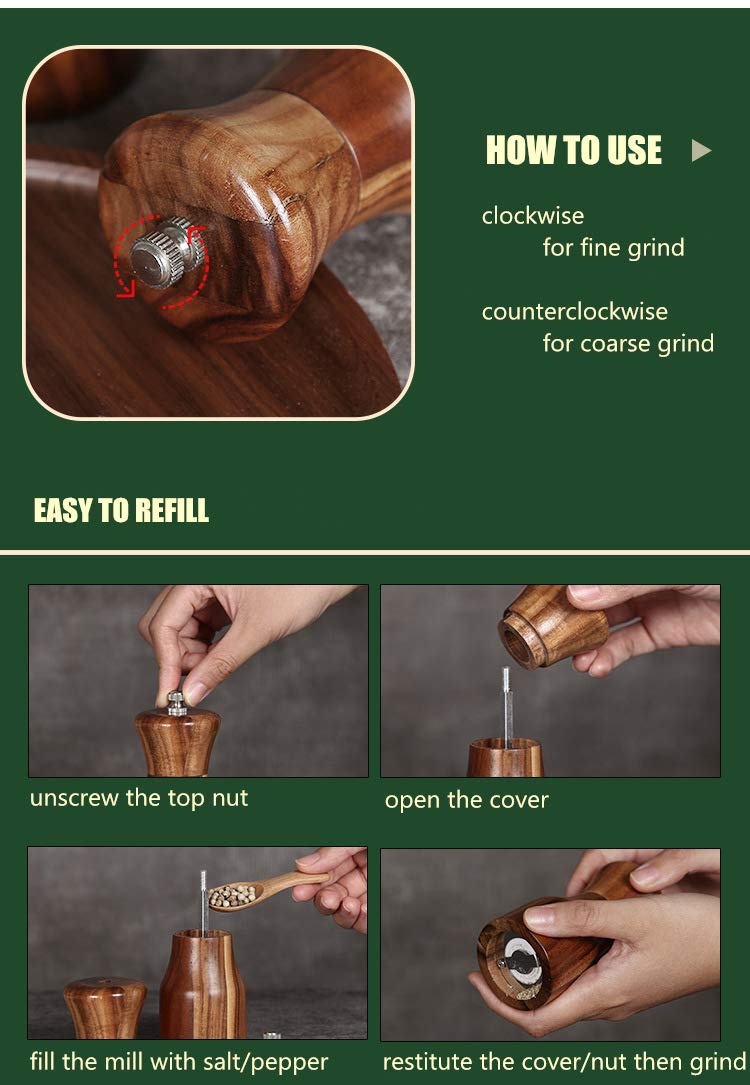 [Australia - AusPower] - Acacia Wood Salt and Pepper Grinder Set, Manual Pepper mill, Refillable, Adjustable Coarseness Ceramic Rotor, with Wooden Stand Holder Tray 