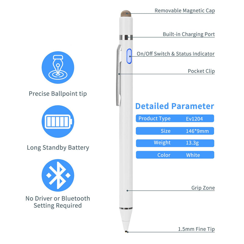 [Australia - AusPower] - Stylus for Smsung Galaxy S20, S20+ Pencil, EVACH Rechargeable Digital Pencil with 1.5mm Ultra Fine Tip Stylus Pen for Smsung Galaxy S20, S20+, White 