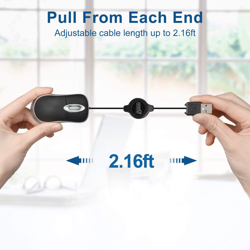 [Australia - AusPower] - EEEKit 2 Pack Mini Retractable Cable Wired USB Optical Mouse, USB Mini Mouse, Compact USB Mouse for Kids Travel，Mini Mouse for Laptop Apple Mac HP Dell Lenovo Thinkpad Sony Asus Acer Tablet PC Laptop Black 