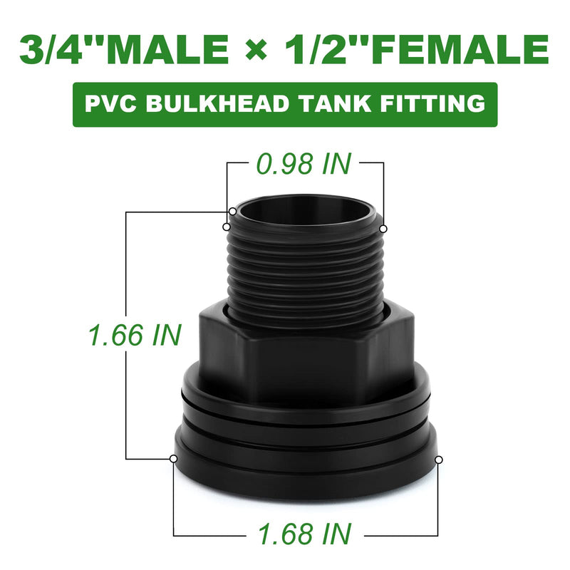 [Australia - AusPower] - TAISHER 5PCS Black PVC 3/4'' Male × 1/2'' Female Bulkhead Tank Connector Adapter Fitting with Gasket for Water Tank, Rain barrels, Aquariums, Bathtubs and Sink 3/4'' Male × 1/2'' Female(PVC) 5 