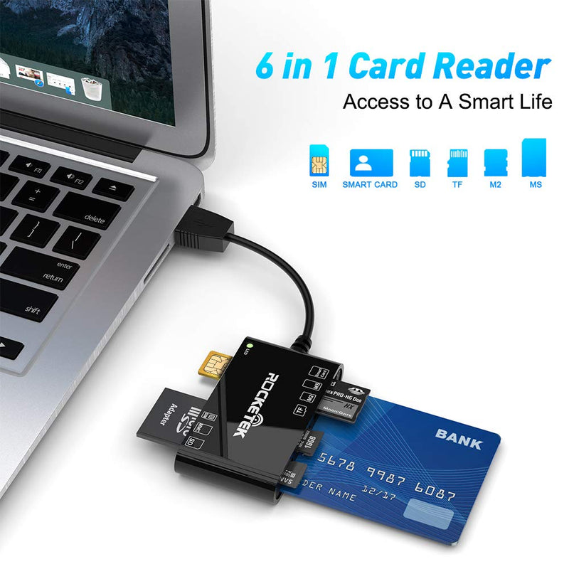 [Australia - AusPower] - 6 in 1 Memory Card Reader, USB SD Card Reader for Micro SD/SDXC/SD/SDHC/MS/M2/MMC Camera Memory Card/SIM/Smart Card Reader, CAC Reader for Mac OS, Windows, Linux, Chrome 
