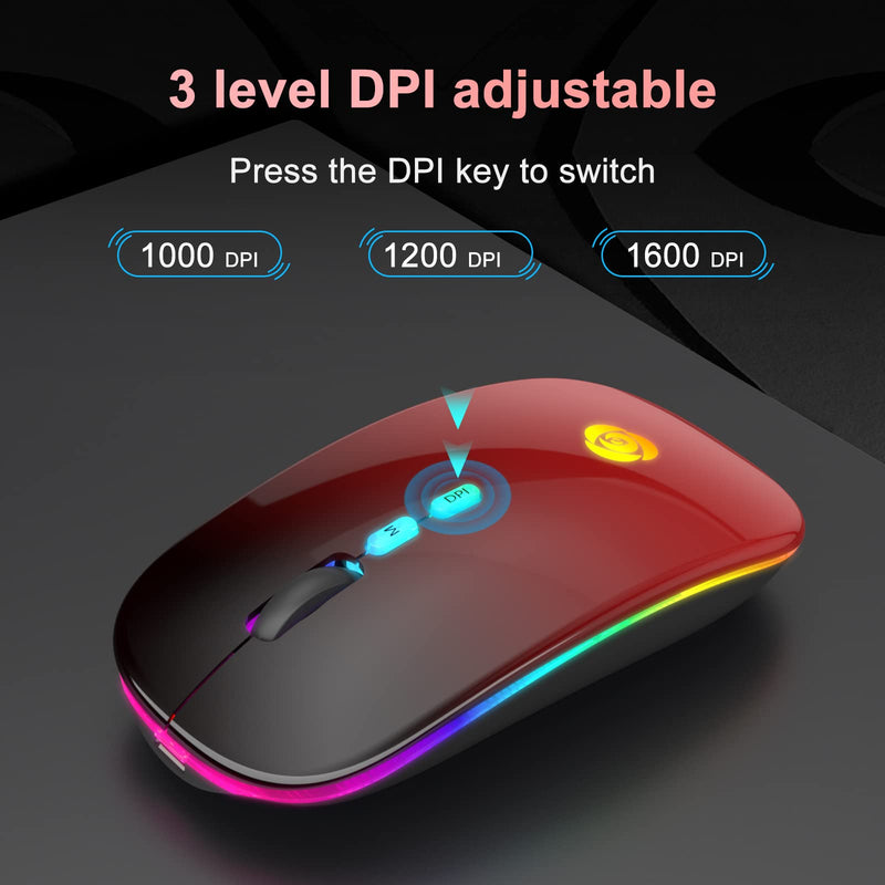 [Australia - AusPower] - LED Wireless Mouse Bluetooth &2.4GHz Instant Connection,Rechargeable Ultra Silent Slim,3 Adjustable DPI 2 Connection Modes with USB-C to USB Adapter for Laptop/MacBook/PC/Tablet/iPad (Black-red) Black-red 