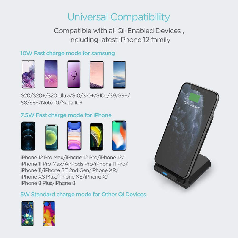 [Australia - AusPower] - Keymox Wireless Charger Stand, Qi-Certified for iPhone 12 SE, 11, 11 Pro, 11 Pro Max, XR, Xs Max, XS, X, 8, 8 Plus, 10W Fast-Charging Galaxy S20 S10 S9 S8, Note 10 Note 9 (No AC Adapter) 